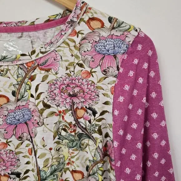 Cino Top Size M Floral Patchwork Boho Long Sleeve Shirt Pink Garden Preppy Women - Picture 2 of 8